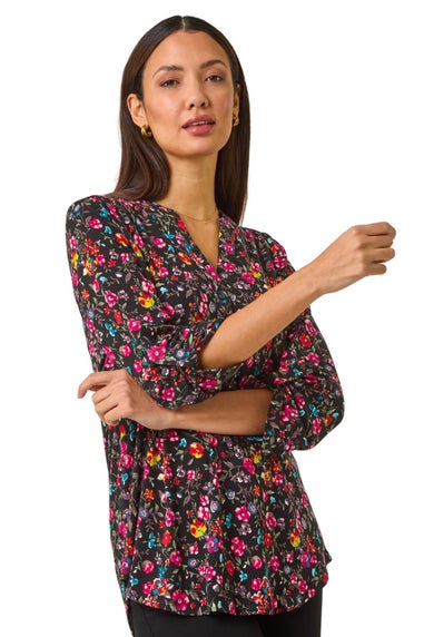 Roman Pink Floral Print V-Neck Stretch Top