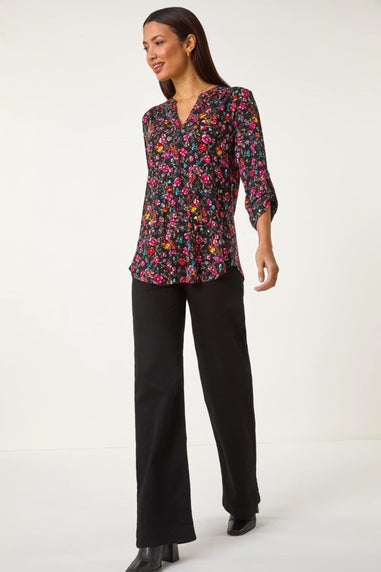 Roman Pink Floral Print V-Neck Stretch Top