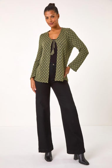 Roman Khaki Metallic Knit Tie Front Cardigan