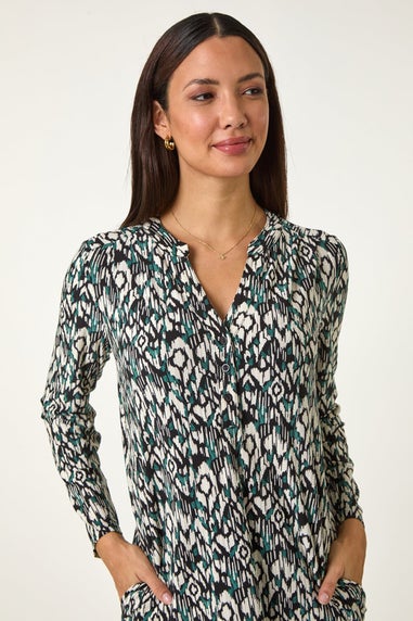 Roman Teal Aztec Print V-Neck Shift Stretch Dress