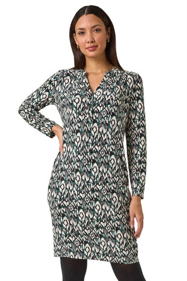 Roman Teal Aztec Print V-Neck Shift Stretch Dress