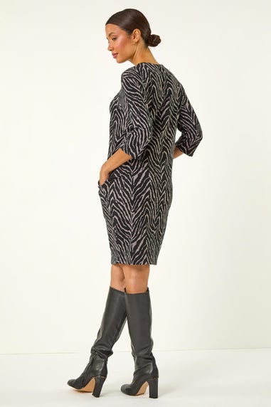 Roman Dark Grey Animal Print Pocket Shift Stretch Dress