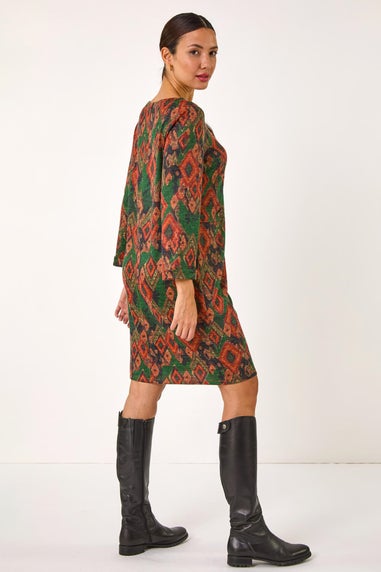Roman Green Aztec Print Tab Detail Stretch Shift Dress