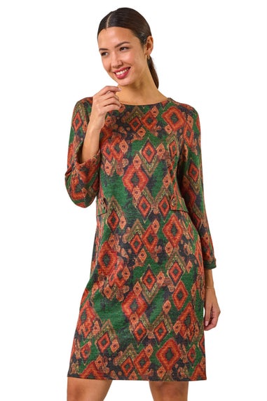 Roman Green Aztec Print Tab Detail Stretch Shift Dress
