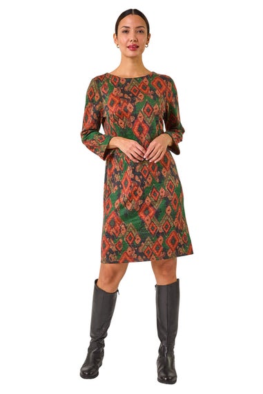Roman Green Aztec Print Tab Detail Stretch Shift Dress