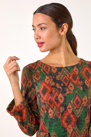 Roman Green Aztec Print Tab Detail Stretch Shift Dress