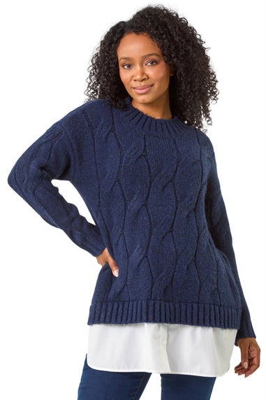 Roman Navy Petite Cable Knit Mock Shirt Jumper