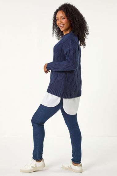 Roman Navy Petite Cable Knit Mock Shirt Jumper