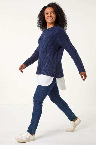Roman Navy Petite Cable Knit Mock Shirt Jumper