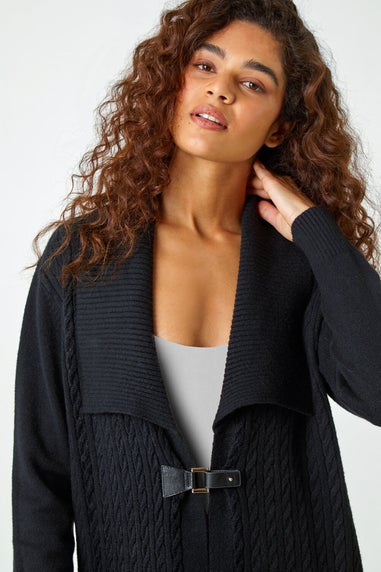 Roman Black Longline Collared Cable Knit Cardigan