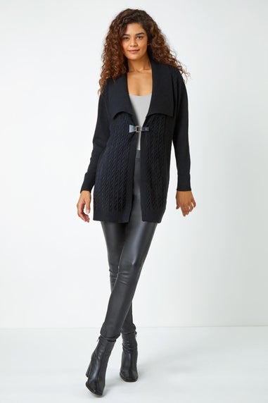 Roman Black Longline Collared Cable Knit Cardigan