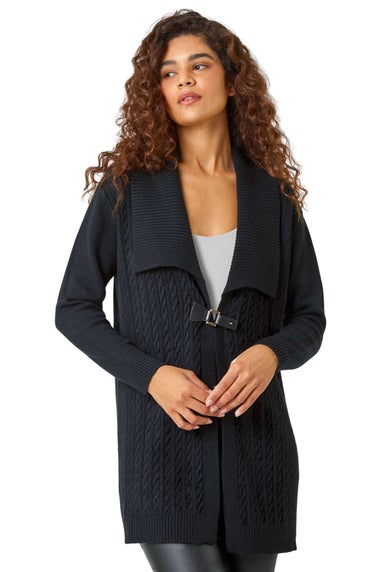 Roman Black Longline Collared Cable Knit Cardigan