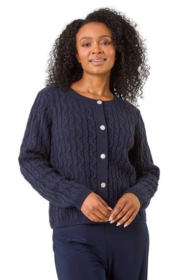 Roman Navy Petite Cable Button Down Cardigan