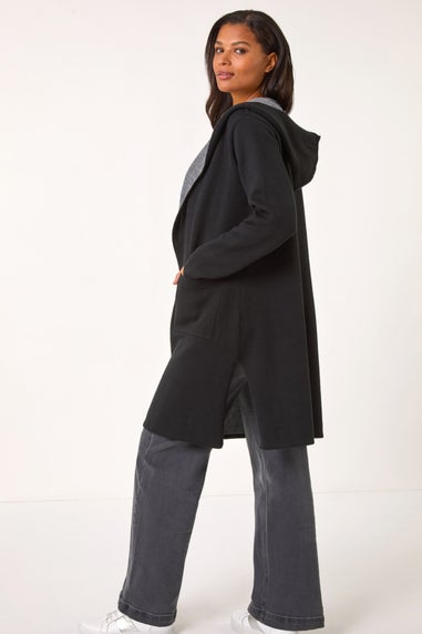 Roman Black Contrast Hooded Longline Cardigan