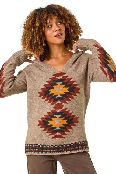 Roman Brown Hooded Chevron Detail Knit Jumper