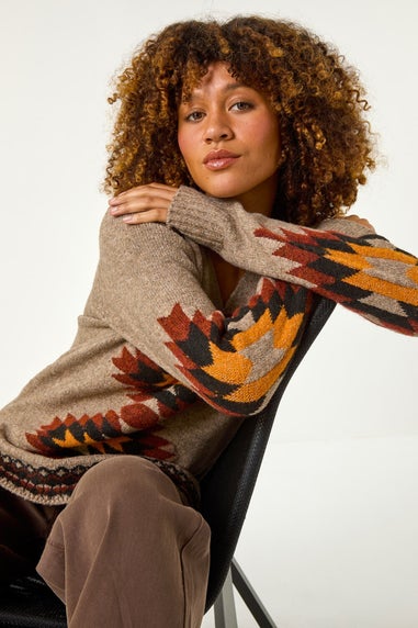 Roman Brown Hooded Chevron Detail Knit Jumper