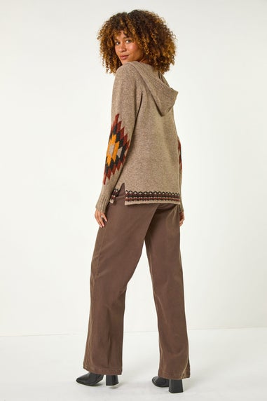 Roman Brown Hooded Chevron Detail Knit Jumper