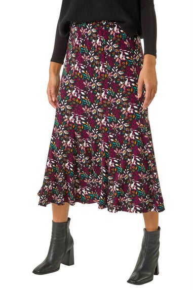 Roman Maroon Leaf Print Panel Skirt