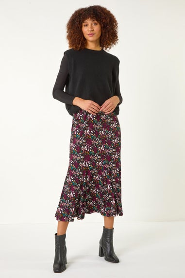 Roman Maroon Leaf Print Panel Skirt