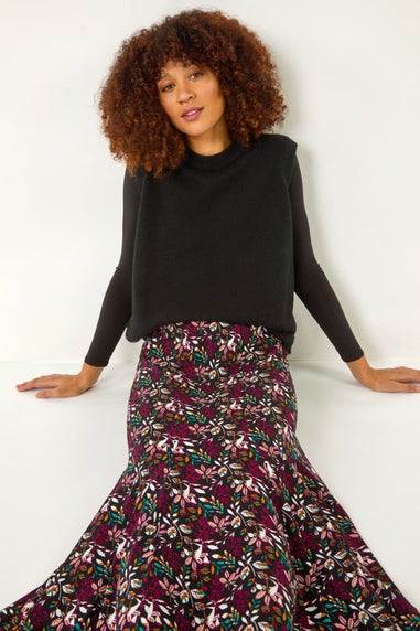 Roman Maroon Leaf Print Panel Skirt