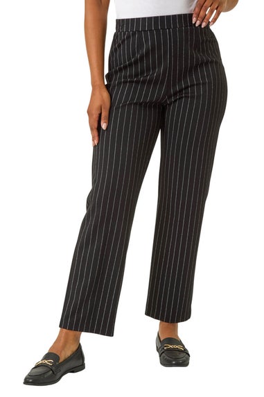 Roman Black Petite Stripe Print Stretch Trousers