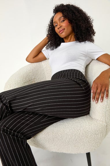 Roman Black Petite Stripe Print Stretch Trousers