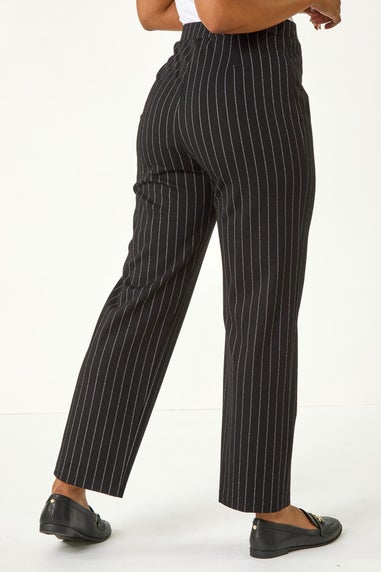 Roman Black Petite Stripe Print Stretch Trousers