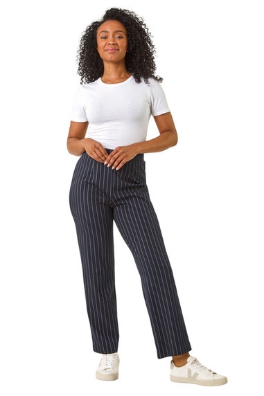 Roman Navy Petite Stripe Print Stretch Trousers