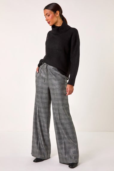 Roman Grey Check Print Tie Front Wide leg Tie Trouser