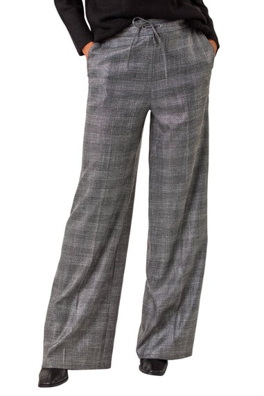 Roman Grey Check Print Tie Front Wide leg Tie Trouser