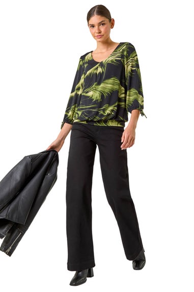 Roman Green Brush Print V-Neck Tie Sleeve Top