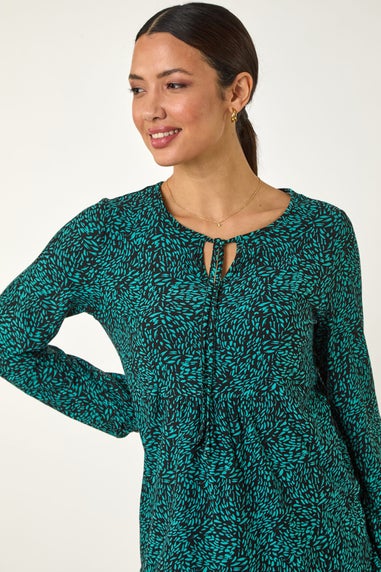 Roman Teal Printed Tie Neck Top