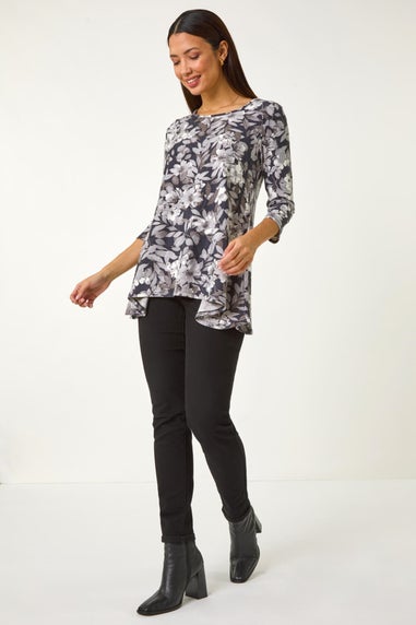 Roman Grey Floral Print Swing Top