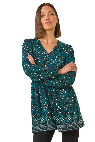 Roman Teal Abstract Printed V-Neck Tunic Top