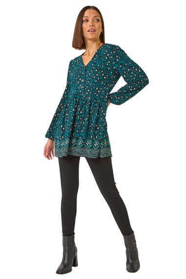 Roman Teal Abstract Printed V-Neck Tunic Top