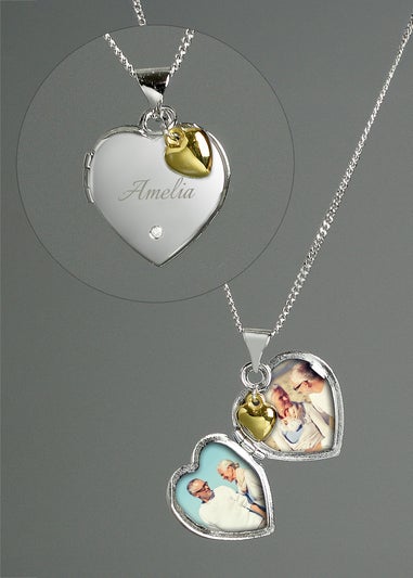 Personalised Memento Company Sterling Silver Heart Locket Necklace & 9ct Gold Charm