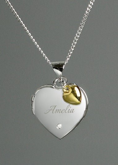 Personalised Memento Company Sterling Silver Heart Locket Necklace & 9ct Gold Charm