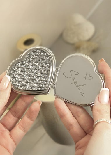 Personalised Memento Company Silver Diamante Heart Compact Mirror