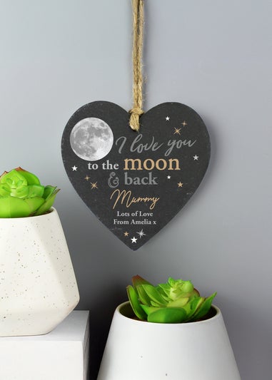 Personalised Memento Company Moon & Back Slate Heart Decoration