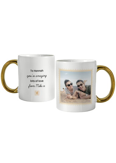 Personalised Memento Company White Photo Upload Heart Gold Handled Mug