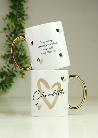 Personalised Memento Company White Hearts Gold Handled Mug