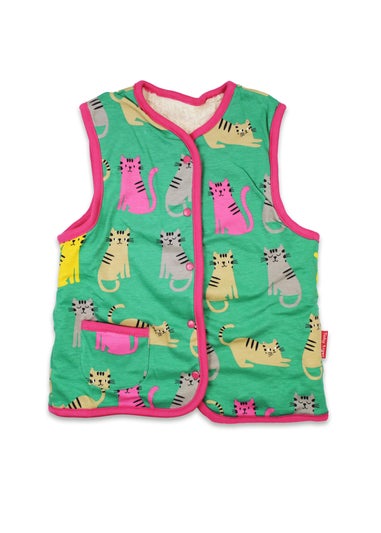 Toby Tiger Organic Green Kitten Print Reversible Gilet (12  months - 8 years)