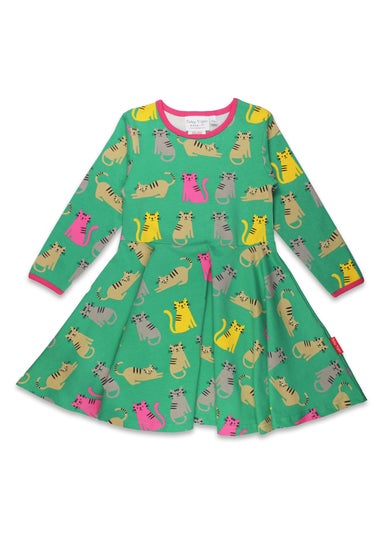 Toby Tiger Organic Green Kitten Print Skater Dress (12  months - 8 years)