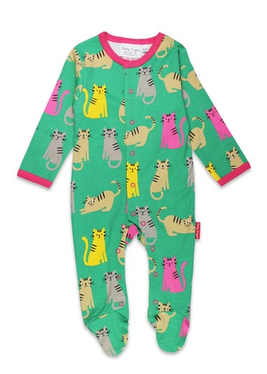 Toby Tiger Organic Green Kitten Print Sleepsuit (Newborn - 12 months)