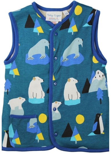 Toby Tiger Organic Blue Arctic Print Reversible Gilet (12  months - 8 years)