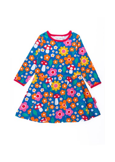 Toby Tiger Organic Multi Colour Floral Mushroom Print Long-Sleeved Skater Dress (12  months - 8 years)