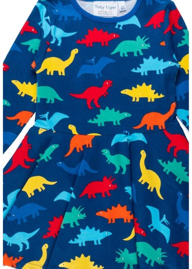 Toby Tiger Organic Multi Colour Rainbow Dinosaur Print Skater Dress (12  months - 8 years)