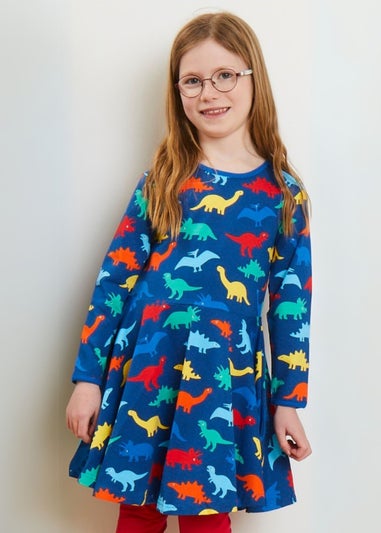 Toby Tiger Organic Multi Colour Rainbow Dinosaur Print Skater Dress (12  months - 8 years)