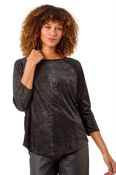 Roman Black Foil Spot Print Velvet Top