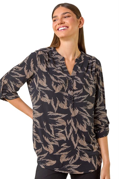 Roman Beige Textured Abstract Print V-Neck Stretch Shirt